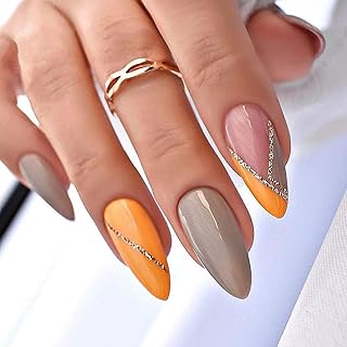 Press on Nails Medium Almond Fake Nails with Gold Line Design Orange and Grey Full Cover False Nails Glossy Stick on Nails Artificial Nails for Women and Girls Manicure Decorations 24Pcs