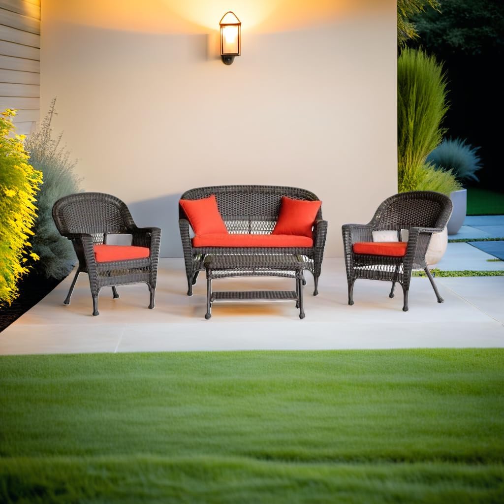Pemberly Row 4-Piece Wicker Conversation Set, Espresso Finish, Red-Orange Cushions, Includes Loveseat, Armchairs, Coffee Table, Weather-Resistant Outdoor Furniture for Patio or Garden