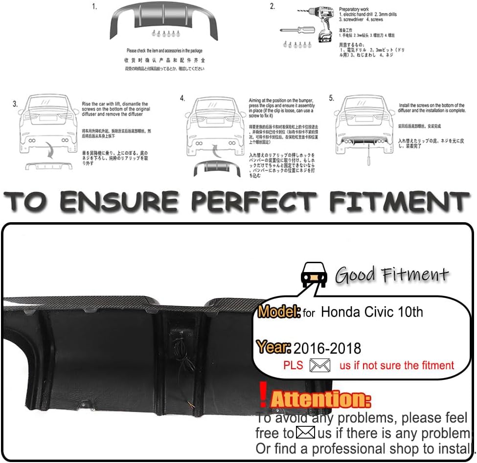 Carbon Fiber Rear Diffuser for Honda Civic 10th 2016-2018 Lower Bumper Lip Spoiler Valance Protector Factory Outlet Dual side Single out with LED light