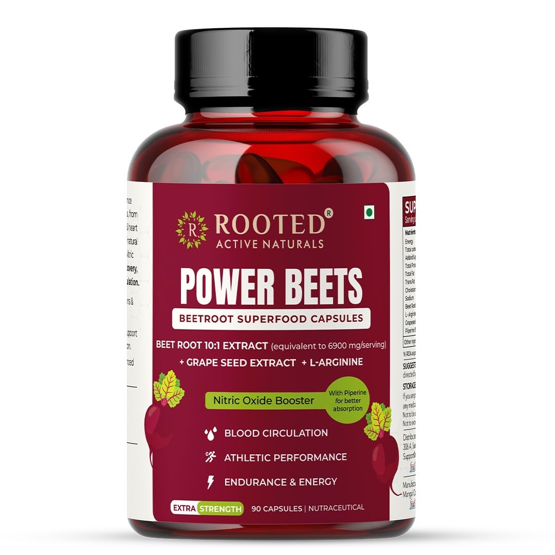 Rooted Actives Power Beets 10:1 Beet Root Extract Capsules with L-Arginine, Grape Seed & Piperine | Supports Circulation, Endurance & Energy | 60 Veg Capsules