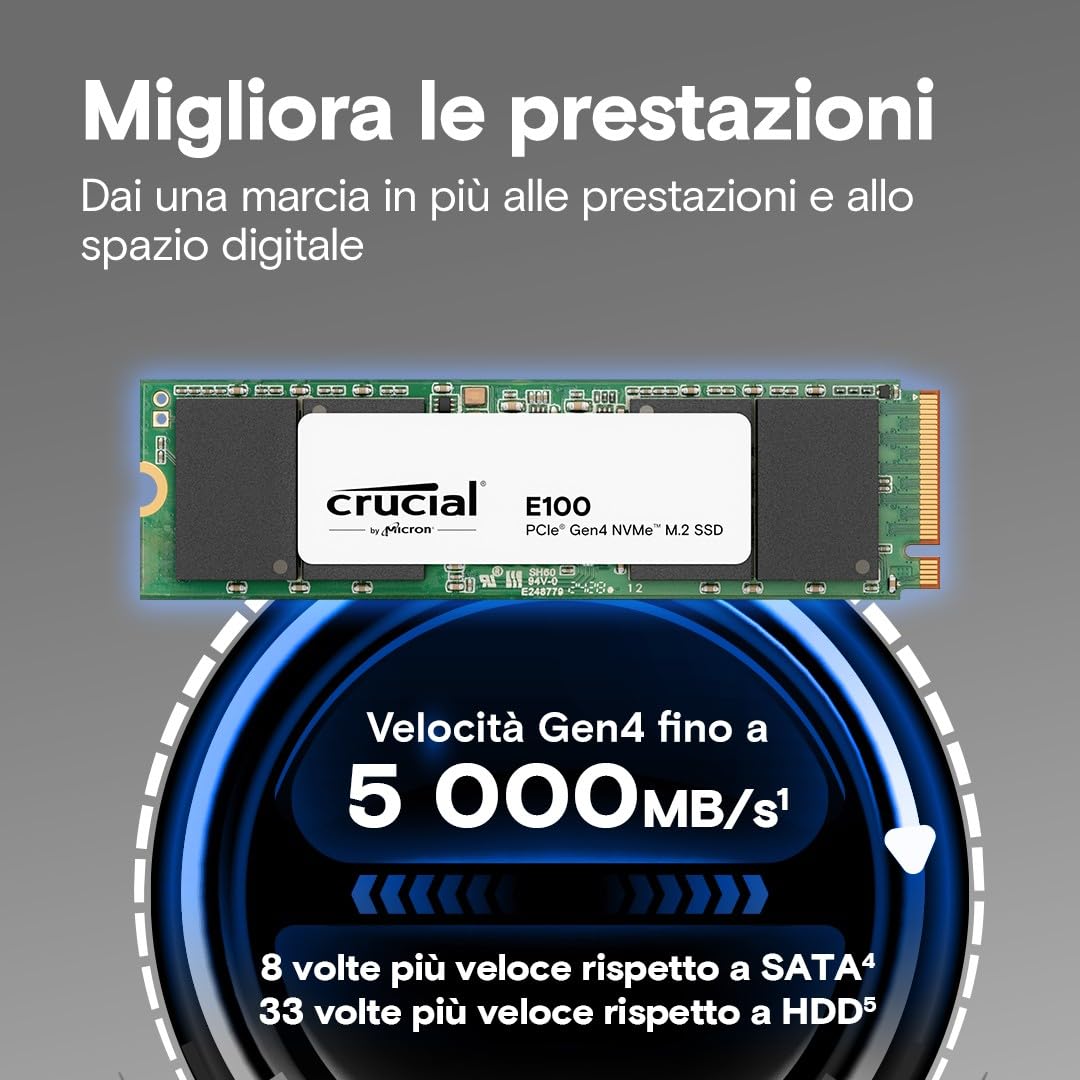 Crucial E100 2TB PCIe Gen4 NVMe M.2 SSD Interno, Fino a 5.000 MB/s