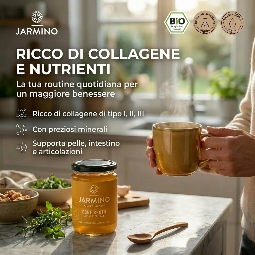 JARMINO brodo biologico di ossa di pollo (6 x 350 ml) | acido ialuronico, collagene e proteina naturale | bone broth | bevanda salutare o come base per zuppe e salse