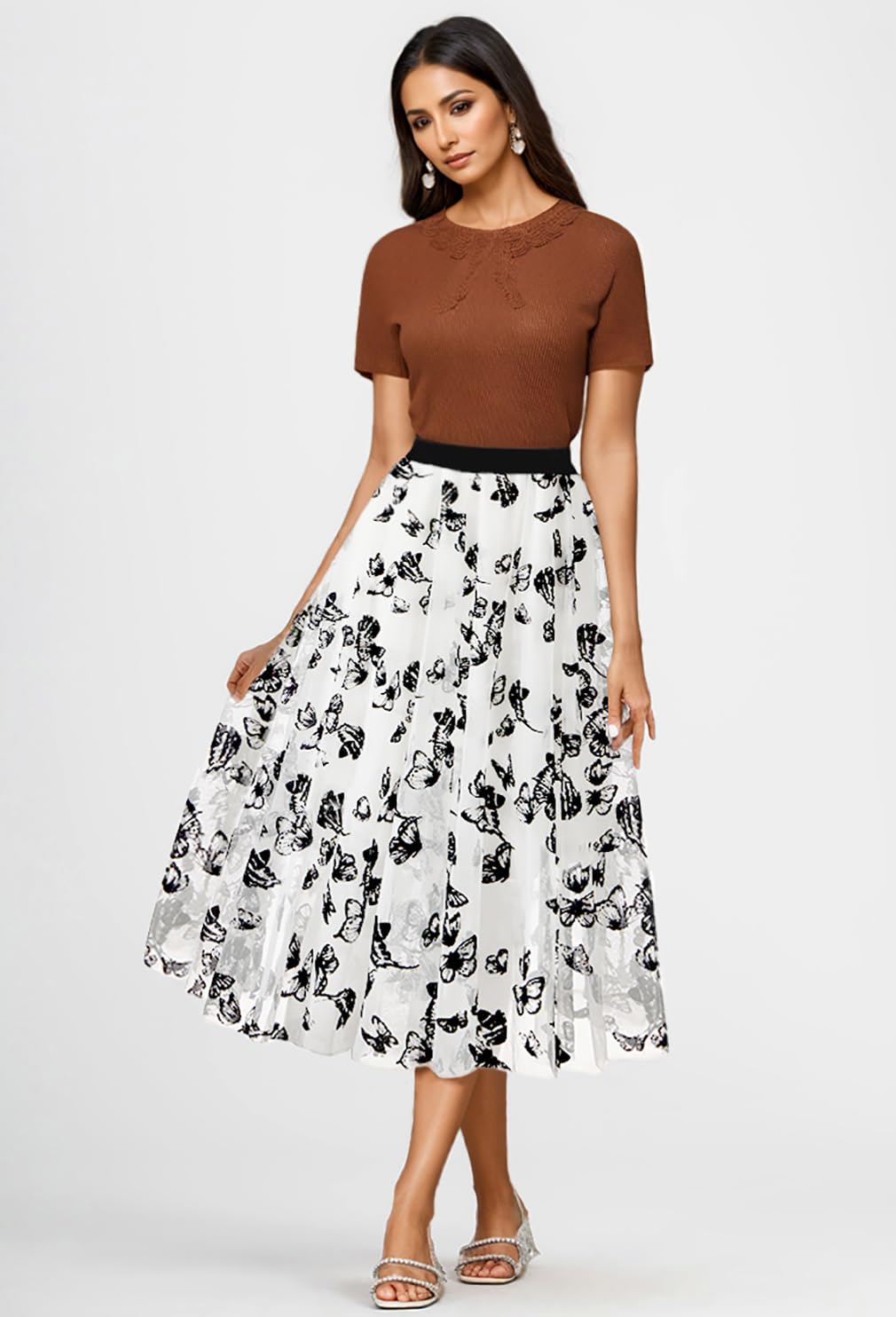 Reaowazo Röcke für Damen, Midi-Röcke, lang, elegant, lässig, trendig, Sommer, Tüll, A-Linie, Blumenmuster, hohe Taille