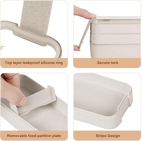 Miniatura 5 de AsFrost - Lonchera Bento para adultos y niños, recipientes 3 en 1 compartimentos, popote de trigo, a prueba de fugas, ecológica, recipientes de