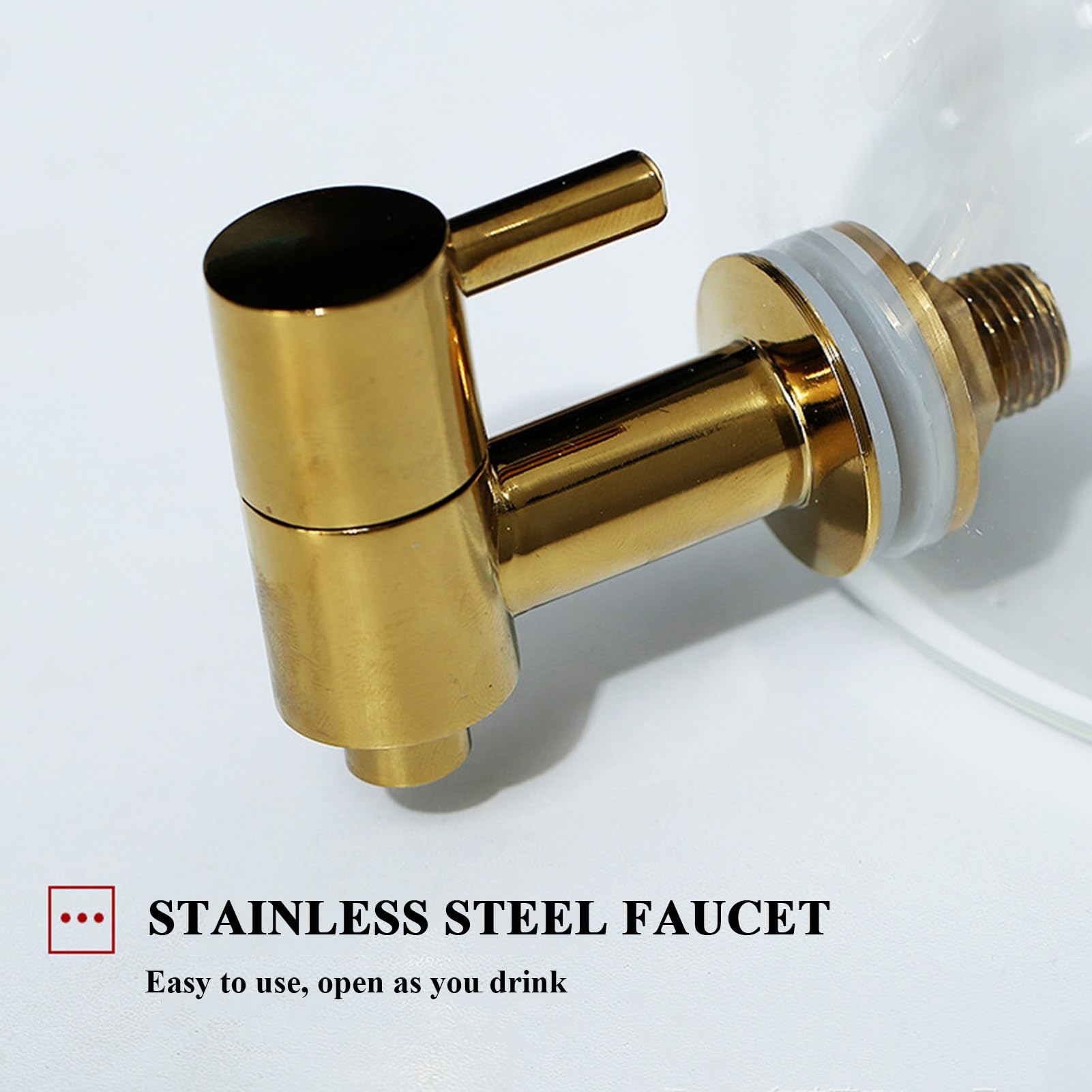 Distributore di bevande in vetro, distributore di bevande fredde con rubinetto e supporto in legno, coperchio in legno con maniglia in acciaio inossidabile, per feste, bar, ristoranti (oro, 5L)