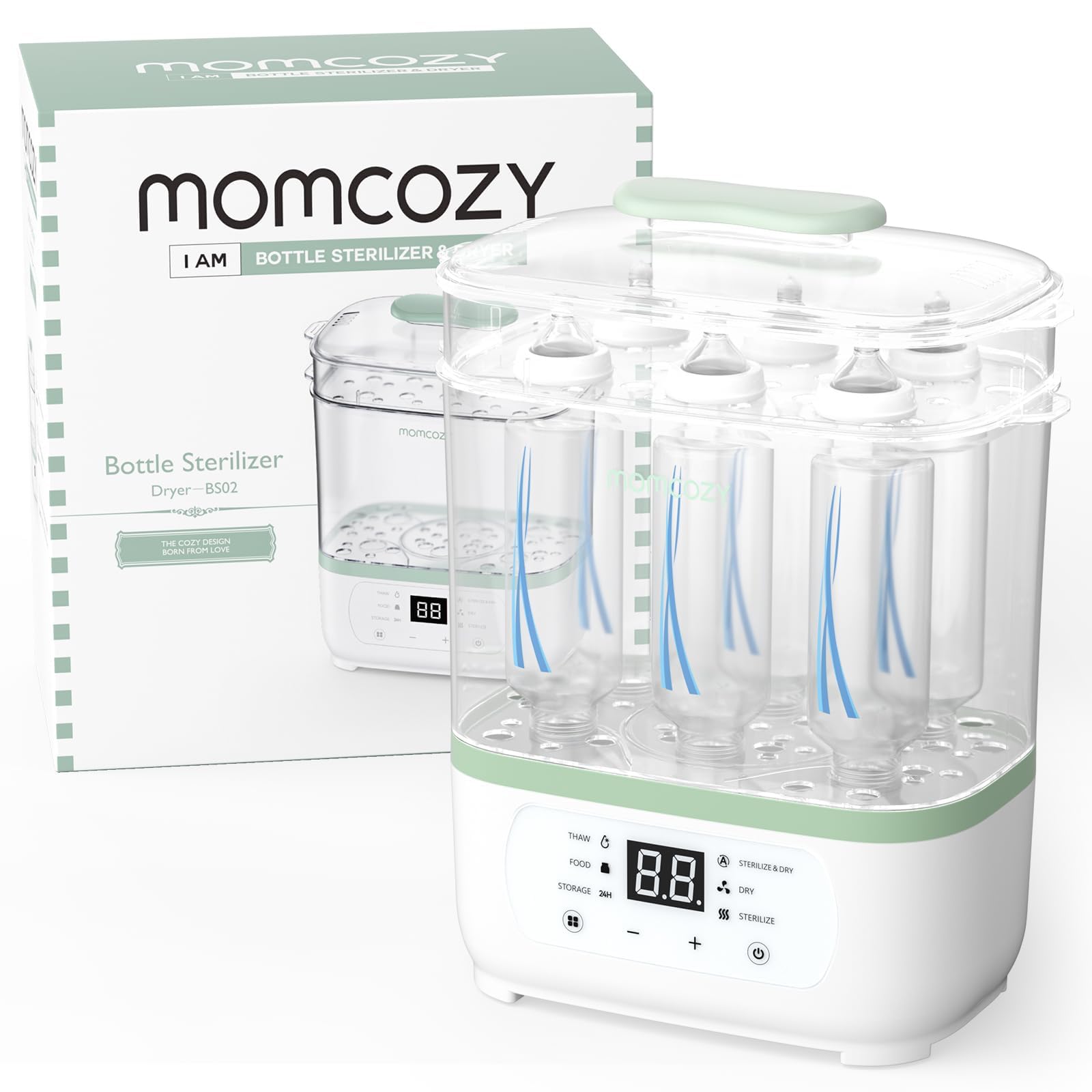 Momcozy Esterilizador Biberones 8-en-1, Esterilizador Eléctrico de Vapor para Biberones y Accesorios de Sacaleches, con Función de Secado y Almacenamiento 24 h, Capacidad 8 Biberones
