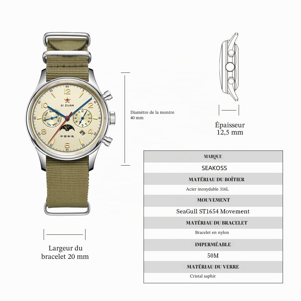 SEAKOSS Montre mécanique automatique classique pour homme - Mouvement Seagull ST1654 - Affichage 24 heures - Calendrier pilote de l'armée de l'air