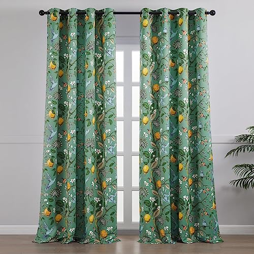 Image of Topfinel Vintage Cottagecore Chinoiserie Curtains & Drapes Botanical Floral Flower Lemon Hummingbird Patterned Sage Green Pioneer Woman Blackout Curtains 96 Inches Long 2 Panels Living Dining Room