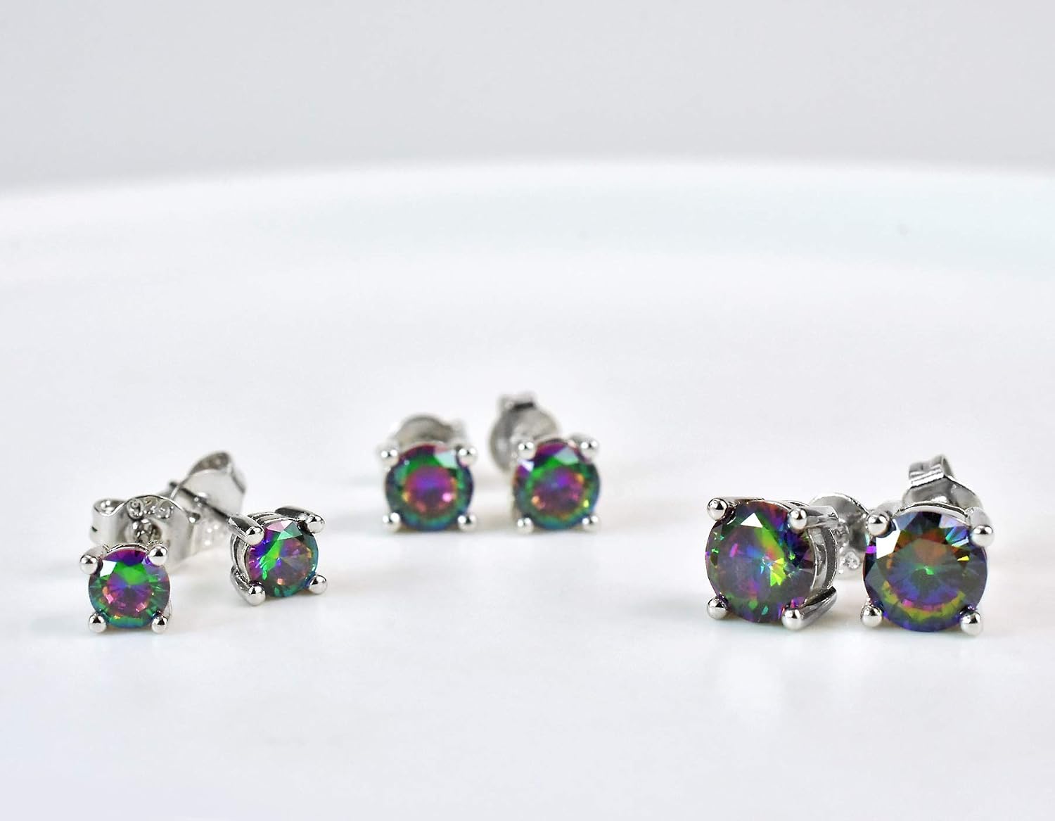 Rainbow Earrings Set for Women Men Sterling Silver Round Stud Earrings Set Hypoallergenic Colorful Cubic Zirconia Earrings for Sensitive Ears Minimalist Earrings Gifts for Him Her,4MM,5MM,6MM,3 Pairs