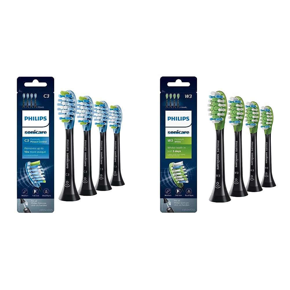 Philips SonicareGenuine C3 Premium Plaque Control Replacement Toothbrush Heads, 4 Brush Heads, Black, HX9044/95 & Genuine W3 Premium White Replacement Toothbrush Heads, 4 Brush Heads, Black