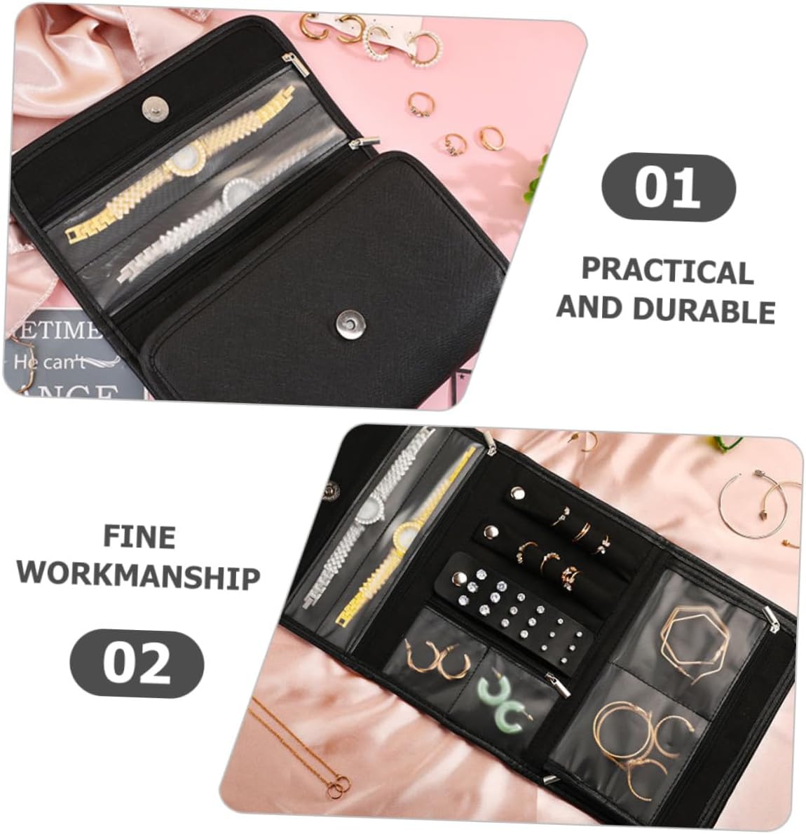 PU Jewelry Holder Roll Travel Organizer Bag Foldable Jewelry Pouch with Capacity for Rings Necklaces Earrings Bracelets Suitable for Outdoor and Travel Use