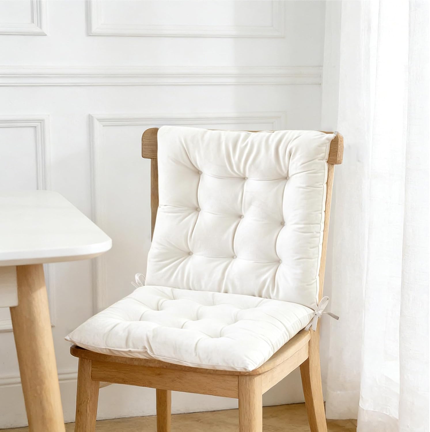 2-in-1 Desk Chair Cushion with Ties,Thick Tufted Dining Chair Cushion with Back Support,Plush Soft Seat Pad for Home Kitchen,Office,Car,Floor,15.7 x 31.5 Inch，White
