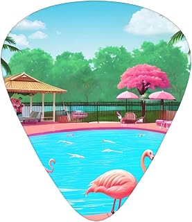 Guitar plectrums 12 pieces set Comfortable in the hand with smooth edges Three thicknesses to match Flamingo and pool Picture