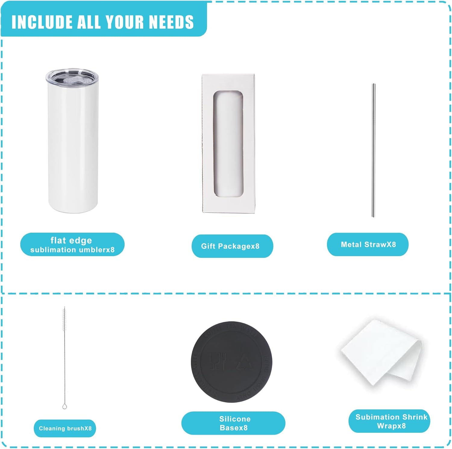 8pack 20oz flat edge sublimation tumblers ，White skinny insulated Sublimation tumbler Straight Cups with Individual Gift Box, Silicone Bottom Polymer Coating for Heat Transfer （8pack 20oz） - Image 2