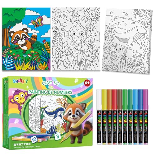 Image of SNEILJOY 3 Packs Paint by Numbers Kit for Kids Ages 4-12 | Framed Canvas, DIY Acrylic Painting Art Set, For Home Decor