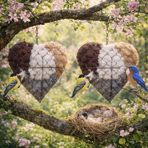 Alpaca Bird Nesting Material, Handmade Fiber Bird Nesting Heart, Refillable Birds Haven, Winter Fowl Gifts Animal Hummingbirds Lovers Home Garden Yard (2pcs)