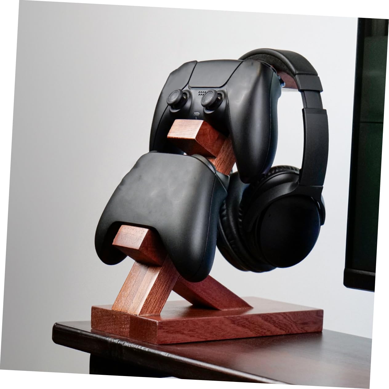 Soporte de Juego para Controlador y Auriculares, Madera Marrón