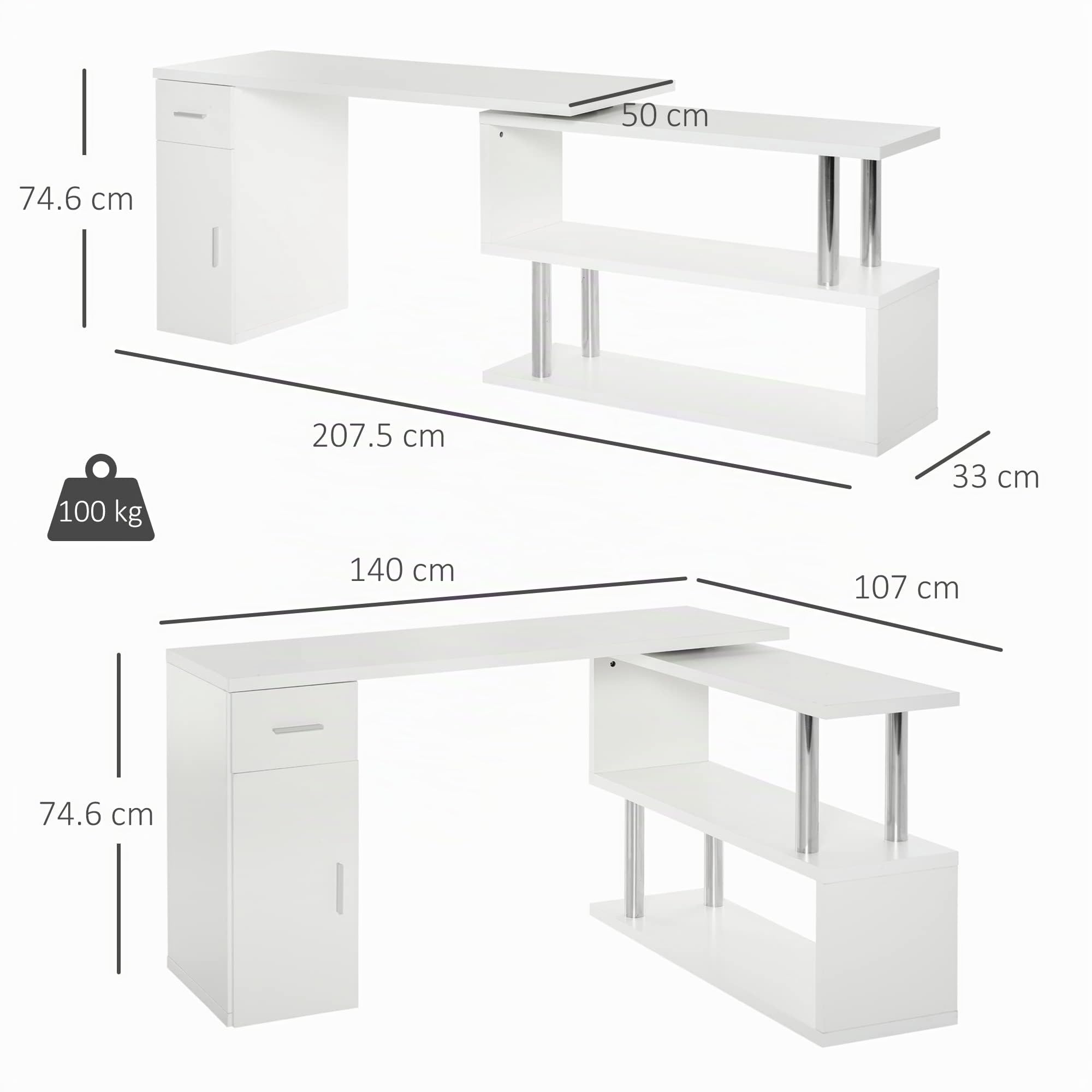 HOMCOM Scrivania Angolare con Cassetto, Armadietto e Mensole, Bianco | Moderna, in Legno, Arredamento per Ufficio e Casa