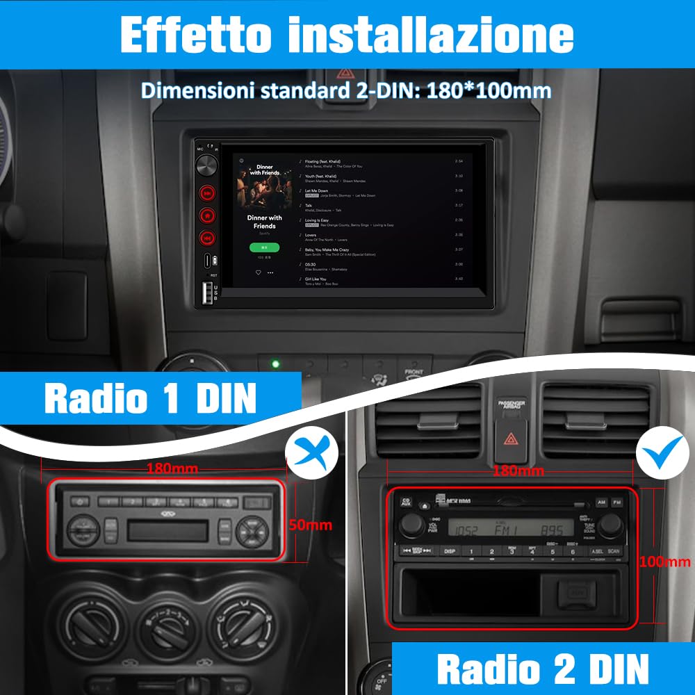 Universale Autoradio 2 DIN con Schermo Wireless CarPlay & Android Auto Bluetooth FM GPS USB Tipo-C Comandi al volante