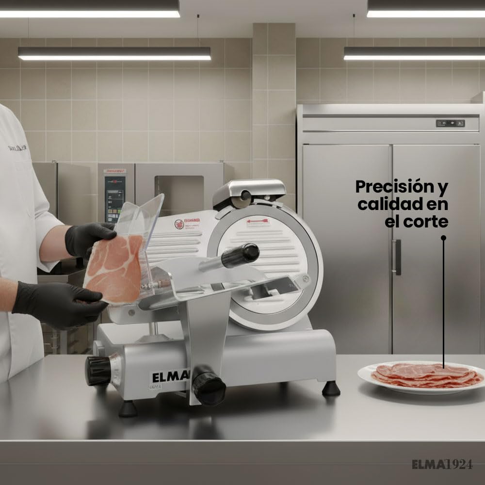 ELMA Cortadora de Fiambres Profesional Elma | Cuchilla Desmontable de Acero Inoxidable Ø 220 mm | Cortafiambres Eléctrico Preciso para Quesos, Embutidos y Fiambres – Uso Intensivo y Diario