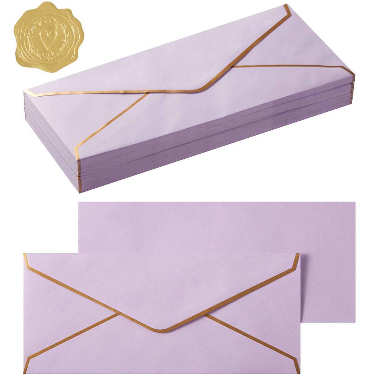50 Pack #10 Business Envelopes with Gold Border, Self Seal Standard Envelopes with Gold Stickers for Office, Checks, Letter Mailing, Invoices, 4 1/8 x 9 1/2 Inches (Light Purple)