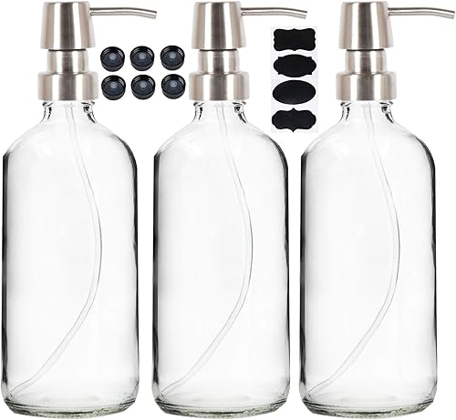 Youngever Paquete de 3 botellas redondas Boston de vidrio transparente de 16 onzas con bombas de acero inoxidable, dispensadores de jabón de vidrio