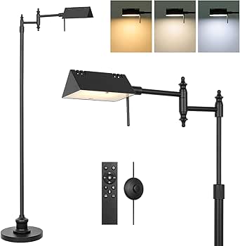 Bairth Dimmable Pharmacy Floor Lamp with Remote, 17W LED Reading Floor Lamp with 360°Swing Arm, 3 Color Temperature, Height Adjustable Black Standing Task Lamp for Living Room, Bedroom, Black
