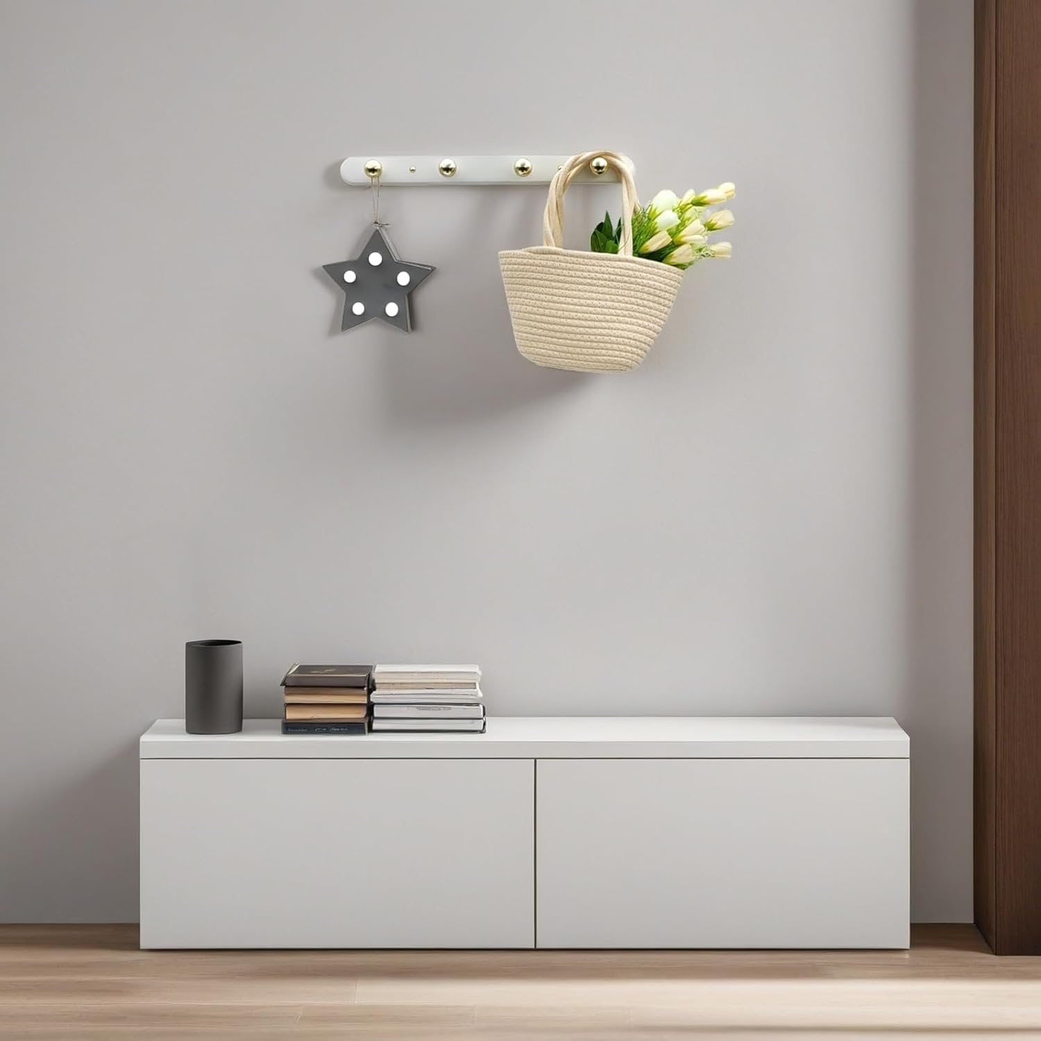 Wall Mounted Coat Hook Rack with Gold Hooks 2 Pack, Modern Wood Wall Organizer for Hanging Coats, Hats, Towels, Bags,Jackets, Keys (White)