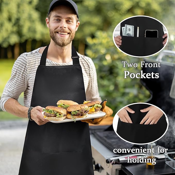 MALLOOM 24 Pack Chef Tabliers, Noir Tablier avec 2 Poches, Etanche Réglable Tablier pour Homme Femme,Tabliers Cuisine Professionnel pour Cuisine, Jardinage, Restaurant, Barbecue, Café