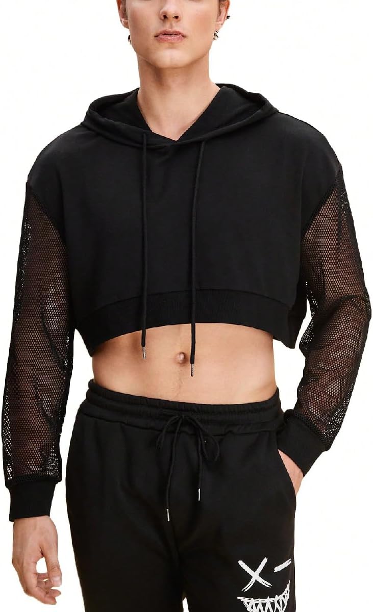 Men's Drawstring Mesh Long Sleeve Hoodie Sweatshirt Pullover Crop Top