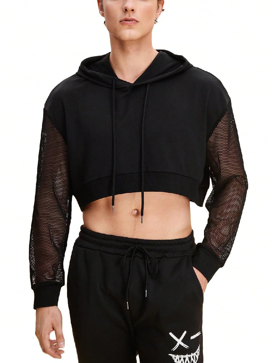 WDIRARA Men's Drawstring Mesh Long Sleeve Hoodie Sweatshirt Pullover Crop Top