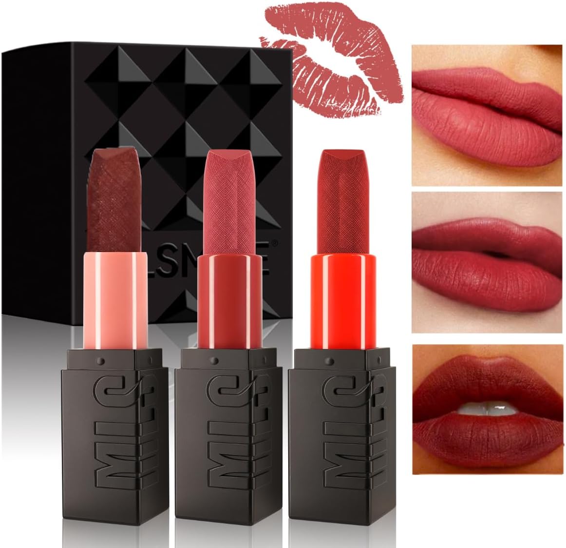 KARLOR Pack of 3 Matte Lipsticks Pink Nude Cherry Red Brown Red Moisturising Long Lasting Lipstick 24 Hour Gift Box (Set B)