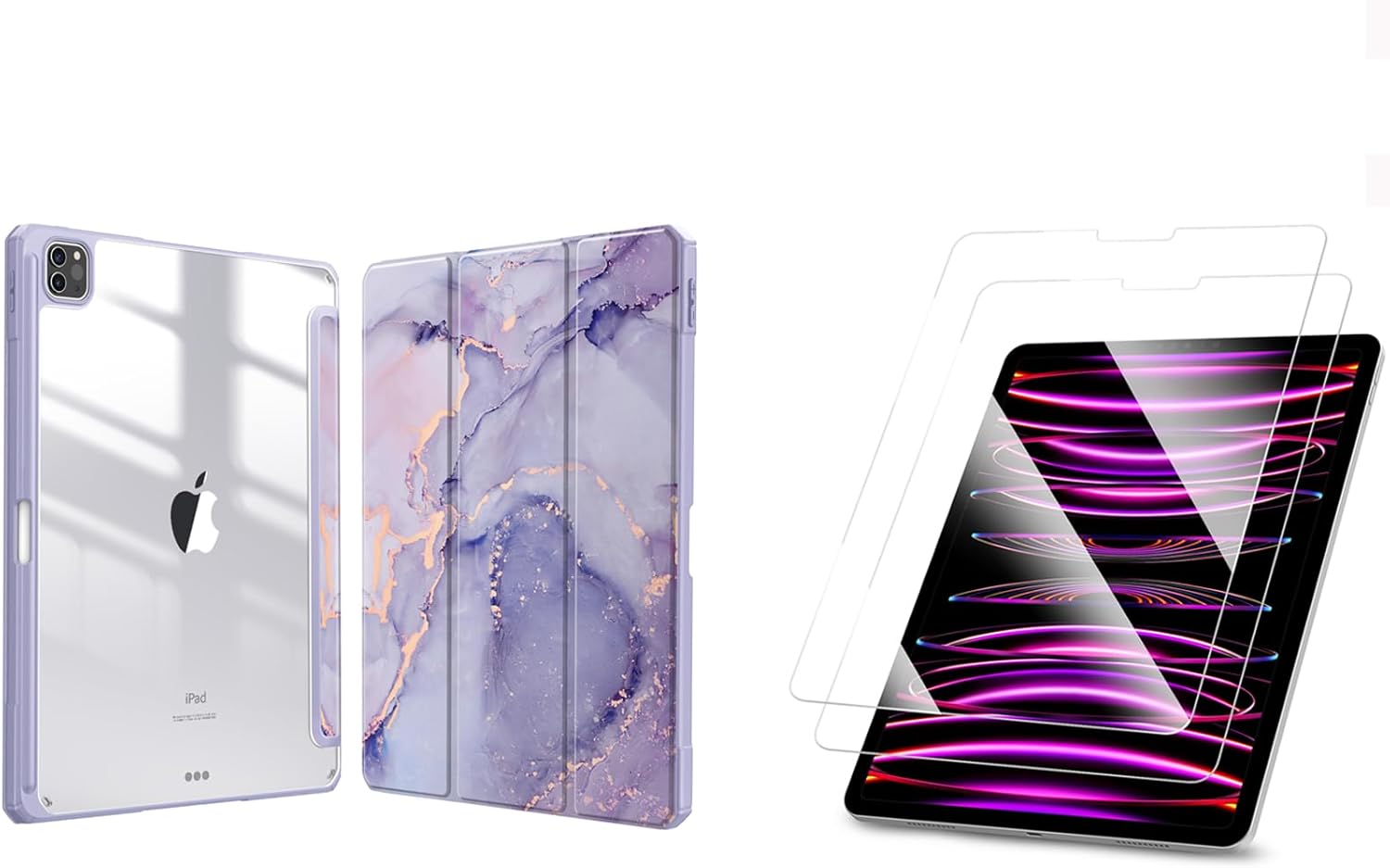 Fintie Bundle: Fintie Hybrid Slim Case for iPad Pro 12.9" 6th/5th/4th/3rd Gen, [Built-in Pencil Holder] Shockproof Cover Clear Transparent Back Shell + [2-Pack] Tempered Glass Screen Protector