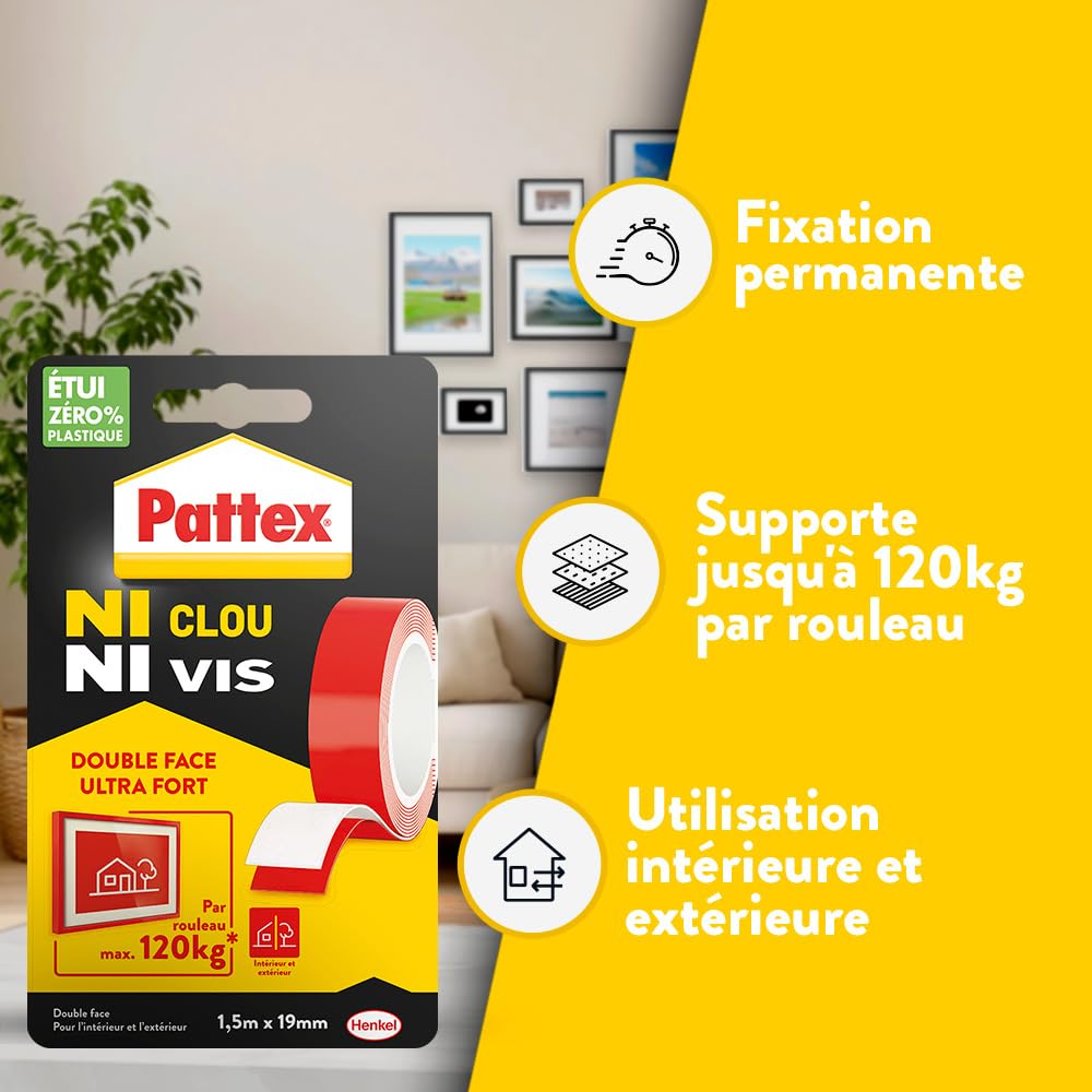 Pattex Ruban adhésif double face ultra fort 1,5 m x 19 mm 120 kg pour intérieur extérieur