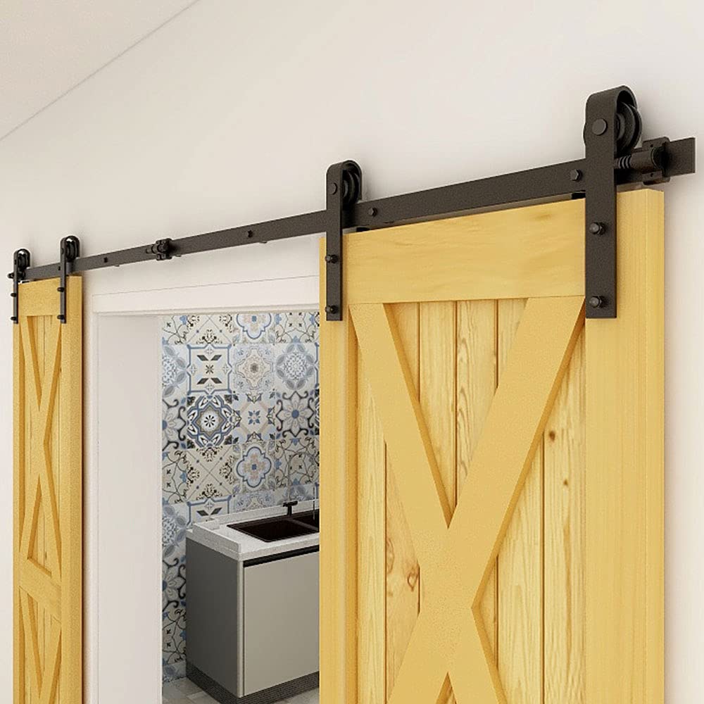 CCJH 12FT/367cm Sliding Barn Double Door Hardware Track Kit J Shape Roller Hanger Set with Adjustable Floor Guide