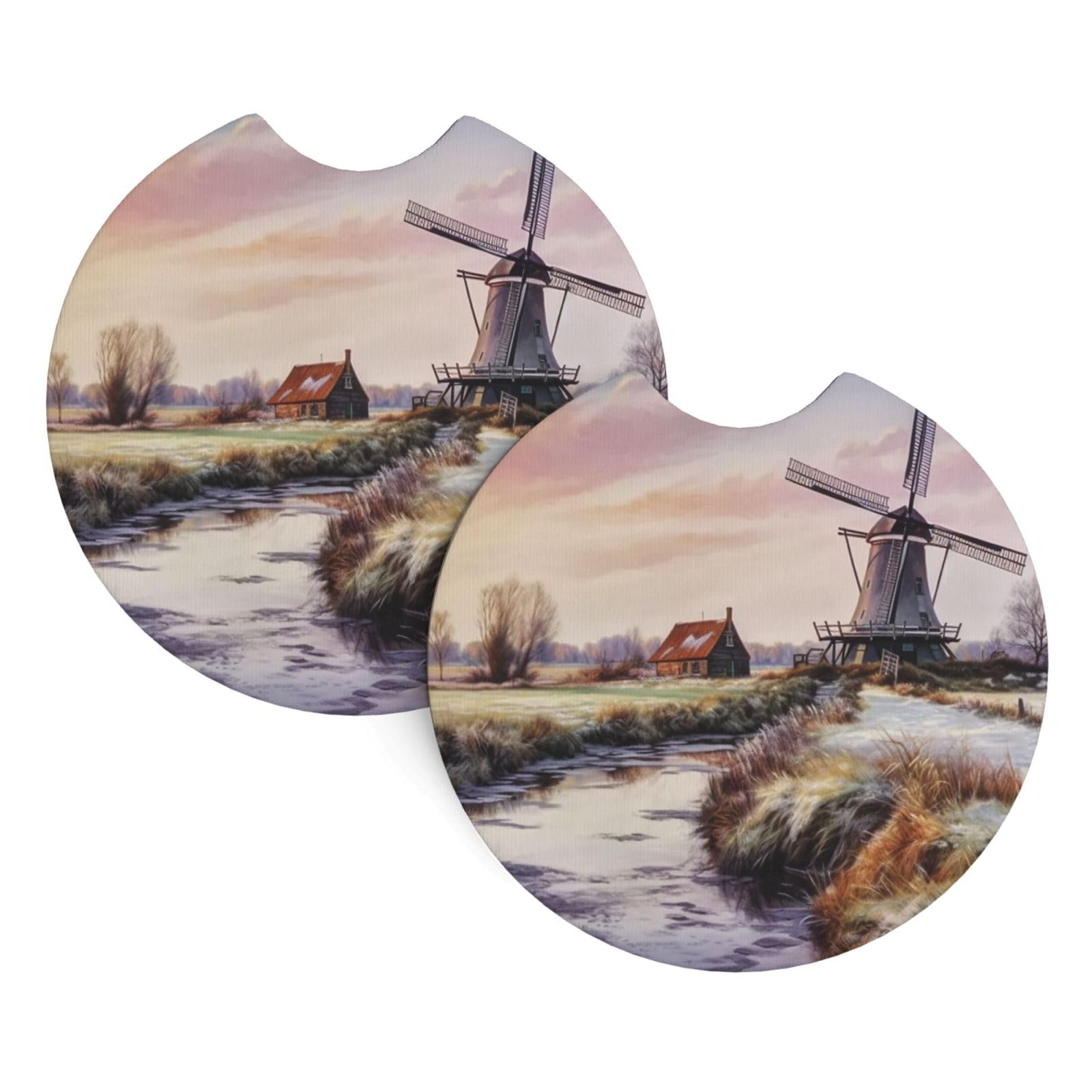 2 Pack Car Coaster for Cup Holders Landscape with a Traditional Windmill Car Cup Coaster 2.7" Neoprene Non-Slip Automotive Cup Mat Universal Auto Car Interior Accessories for Women Men Cup Pad