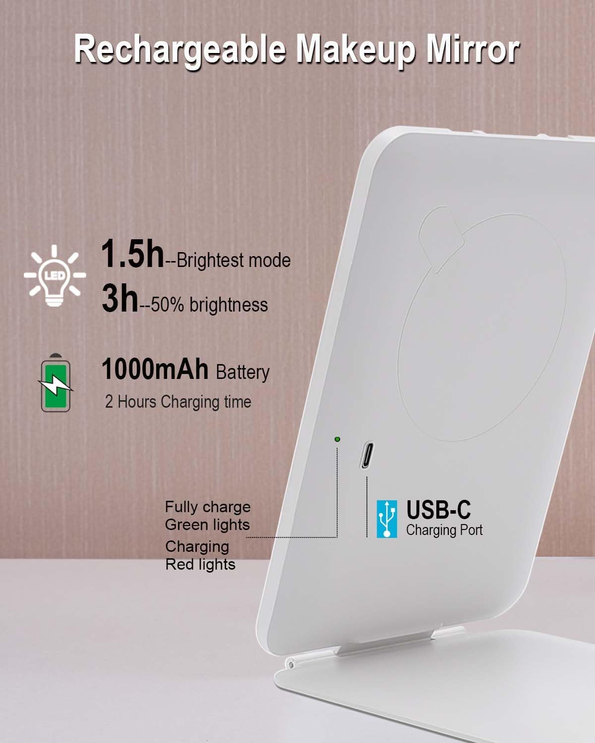 Portable Lighted Makeup Mirror,7x5 inch Rechargeable Travel Mirror with Light,3 Color Lighting Adjust Brightness,Tabletop Foldable LED Compact Mirror