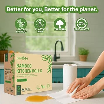 Kitchen Roll - 2 Ply Strong & Absorbent Paper Towels | 100% Bamboo | Zero Wastage | 100 Sheets per Roll | Ideal for Household Cleaning, Spills & Food Prep (6 Pack)