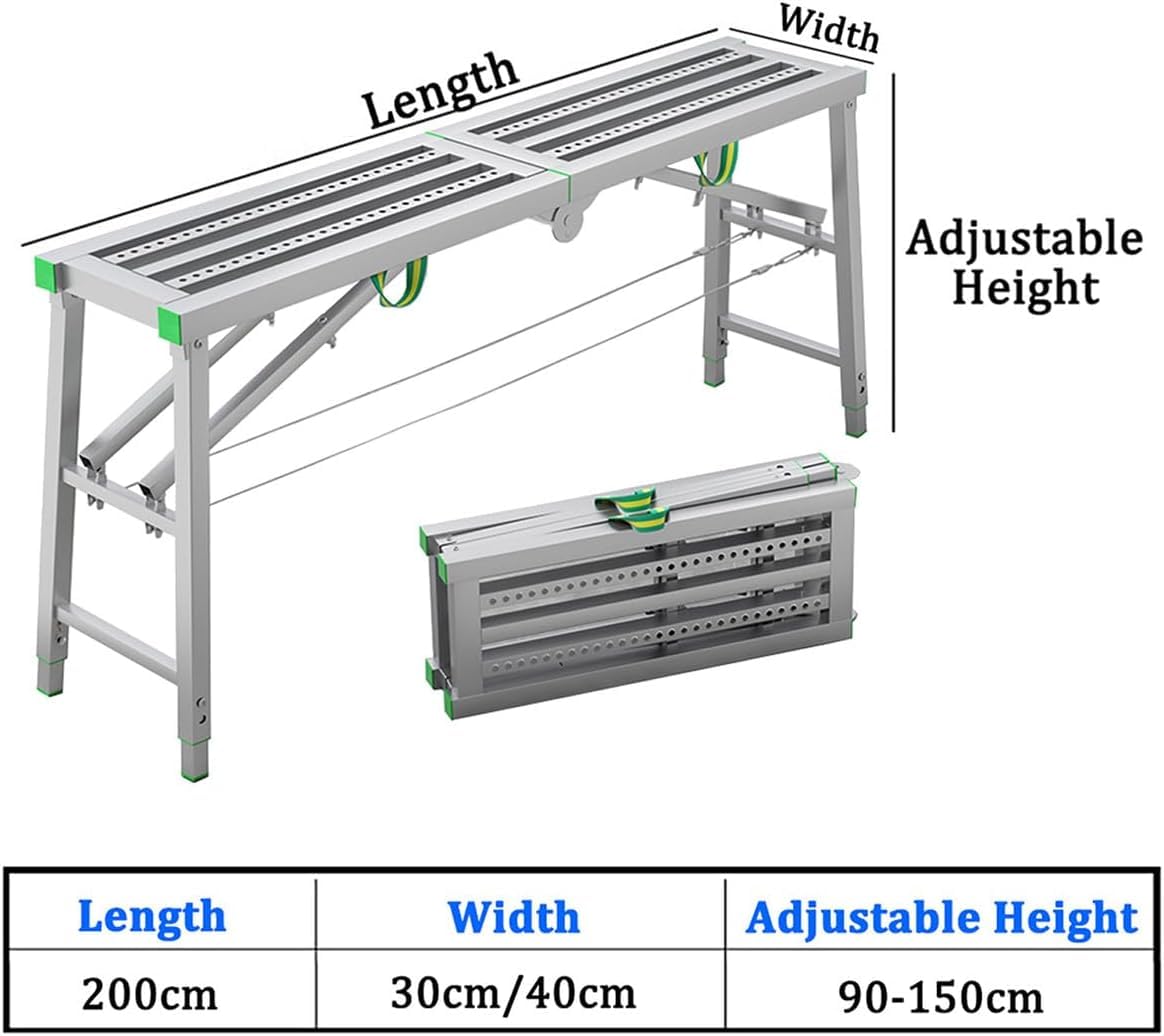 Générique Échafaudage Pliable Portable avec 2 pédales d'escalade, réglable sur 5 hauteurs, 200 x 40 cm - Idéal pour Les travaux d'entretien et de rénovation de la Maison