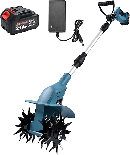 Cultivador de suelo sin cable de 21 V, cultivador de jardín de 8 pulgadas de ancho con batería de 4.0 Ah, cultivador con dientes de acero y pantalla