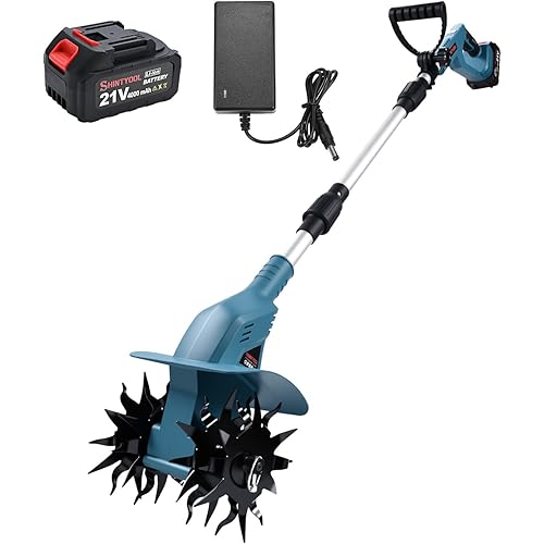 21v Cordless Tiller, 8-Inch Wide 4.0 Ah Battery Powered Garden Cultivator, Cultivator with Steel Tines and Battery Capacity Display, Rototiller for Lawn/Gardening/Soil Cultivation (Blue) by Shintyool