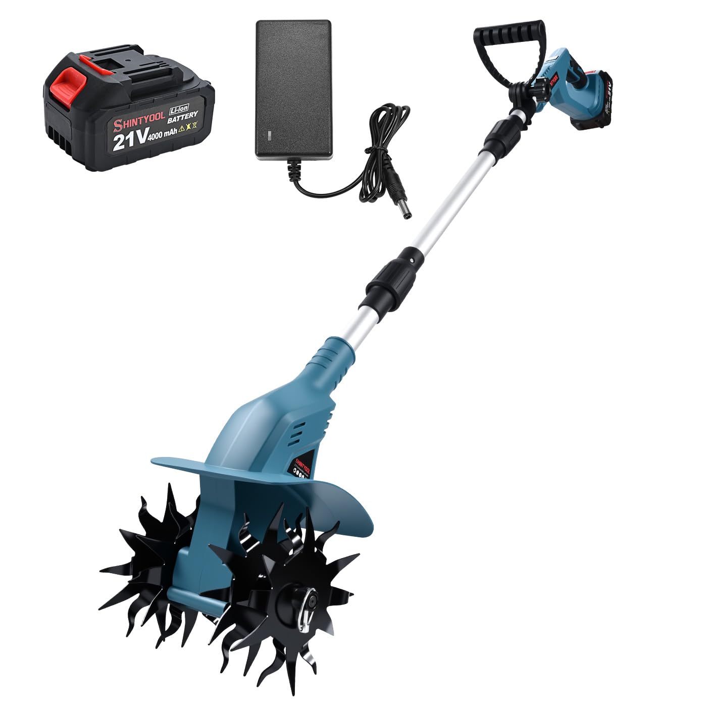 Cultivador inalámbrico de 21 V, 8 pulgadas de ancho y 4.0 Ah, cultivador de jardín con púas de acero y pantalla de capacidad de batería, roottiller para césped, jardinería, cultivo de suelo (azul
