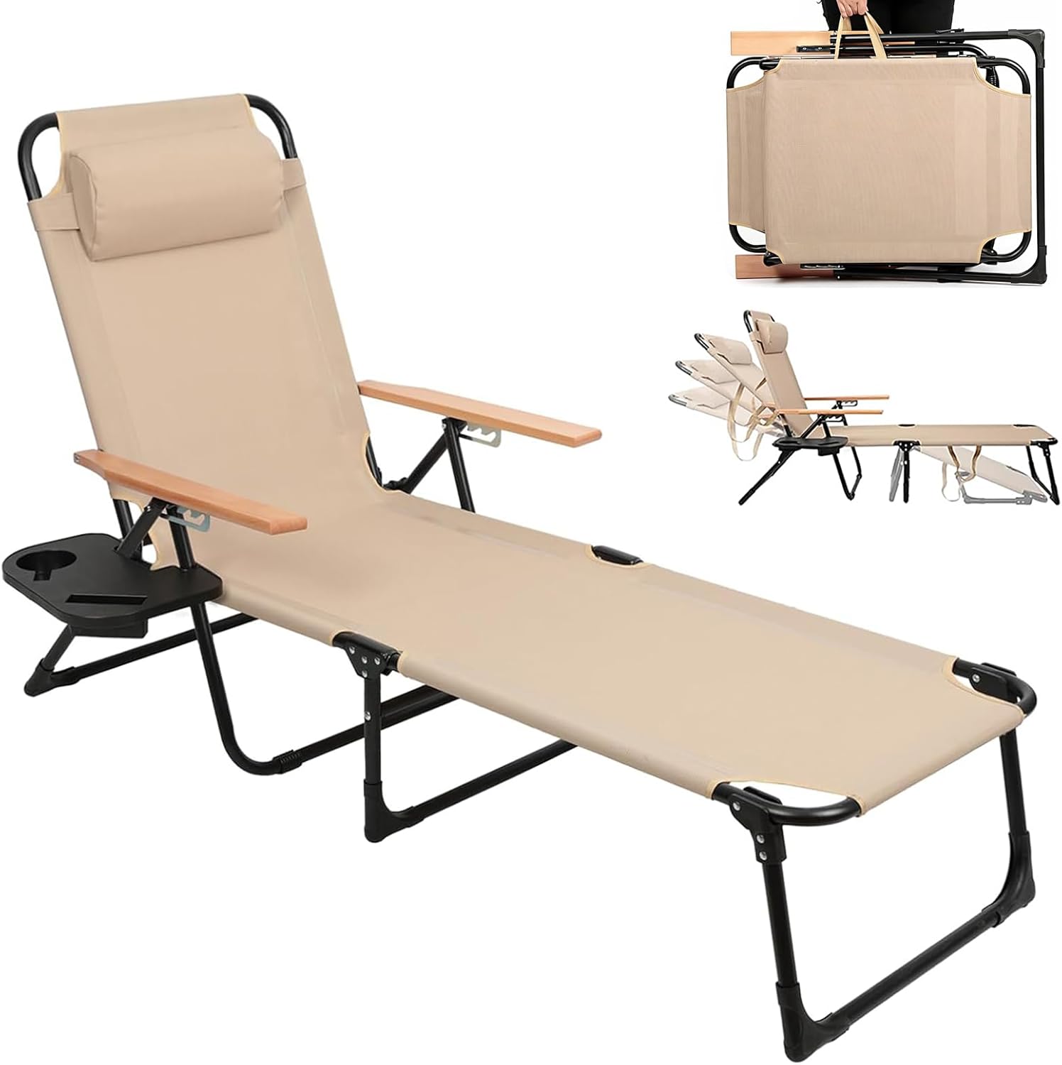 Folding Outdoor Chaise Lounge Chair, Portable Camping Cot, 5 Position Beach Lounge Chair - with Cup Holders & Wooden Armrests, Sun Tanning Chair for Patio, Poolside, Lawn, Supports 350lbs (Beige)