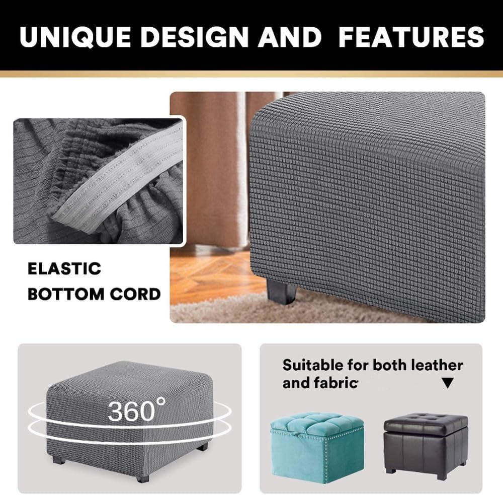 3 Sizes Jacquard Durable Stretch Footrest Cover Folding Storage Stool Furniture Protector Slipcover,LightGrey,L Size