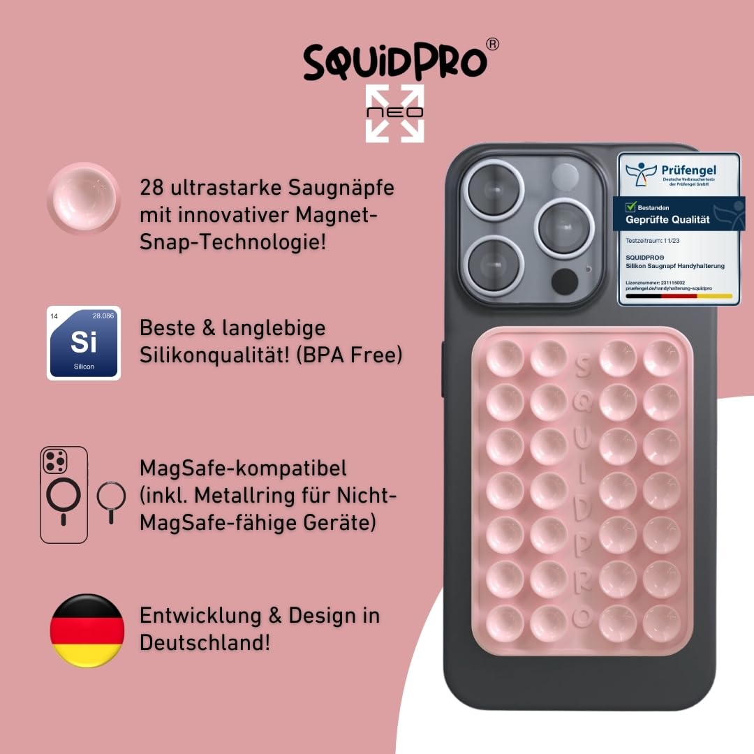 NEO - Magnetische Saugnapfhandyhalterung, kompatibel mit MagSafe, abnehmbar, freihändig, rutschfest, starker Halt, für Selfies, kompatibel mit Allen gängigen Handys, 6x9 cm (Pink Whisper)