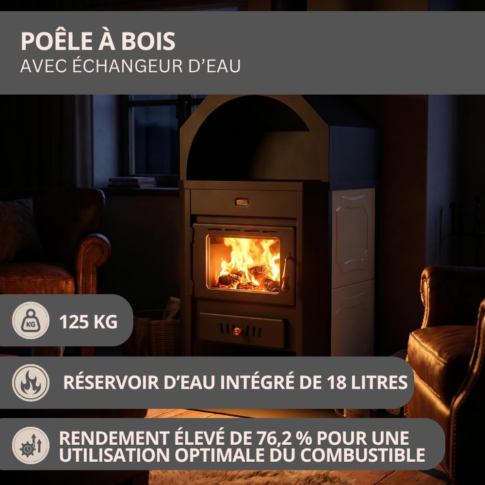 Prity W17 Poêle à bois autonome haute performance 17 kW Certifié CE Grand foyer Conforme à la norme EN 13240