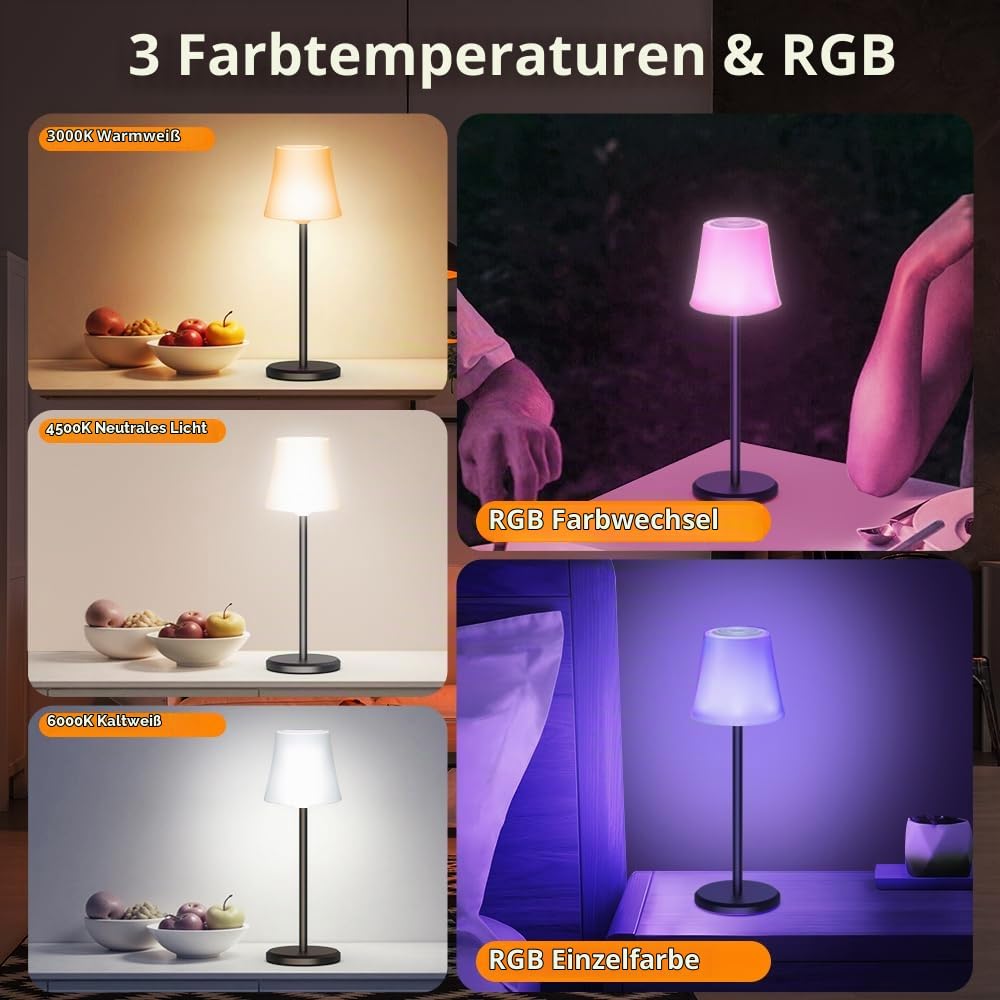LED Tischlampe Kabellos 2 Stück Akku Tischleuchte Touch mit 3 Farbtemperaturen + RGB Stufenlos Dimmbar USB-C Aufladbar IP54 Wasserdicht für Schlafzimmer Outdoor Restaurant Indoor Balkon Bar