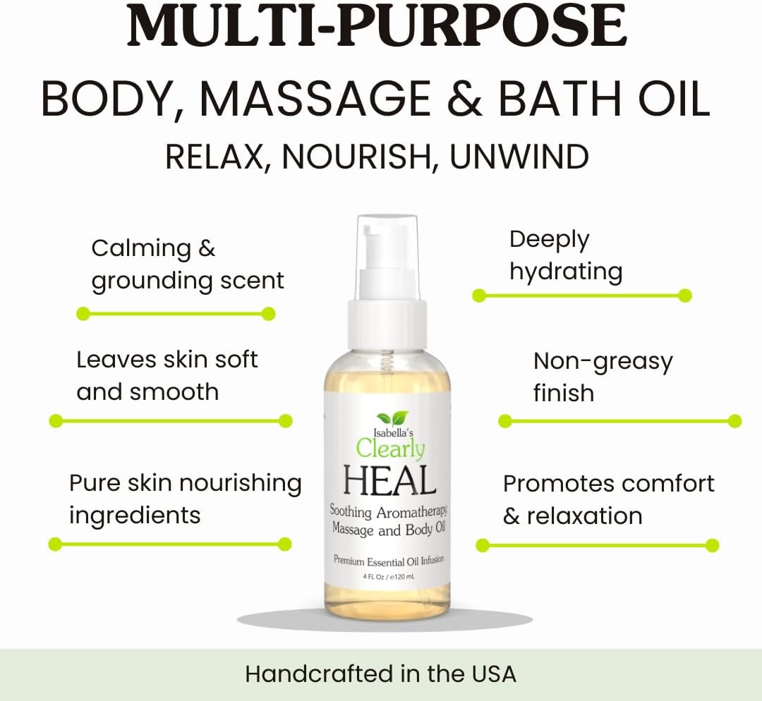 Isabella’s Clearly HEAL – Natural Aromatherapy Massage & Body Oil | Essential Oil Blend with Sweet Almond, Avocado, Myrrh & Lavender | Non-Greasy After-Shower & Bath Oil | Vegan, Made in USA (4 Fl Oz)