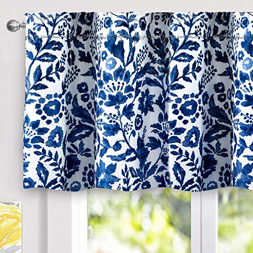 Driftaway Julia Watercolor Blooming Flower Floral Lined Thermal Insulated Window Curtain Valance Rod Pocket 52 Inch By 24 Inch Plus 2 Inch Header Navy #TOP22