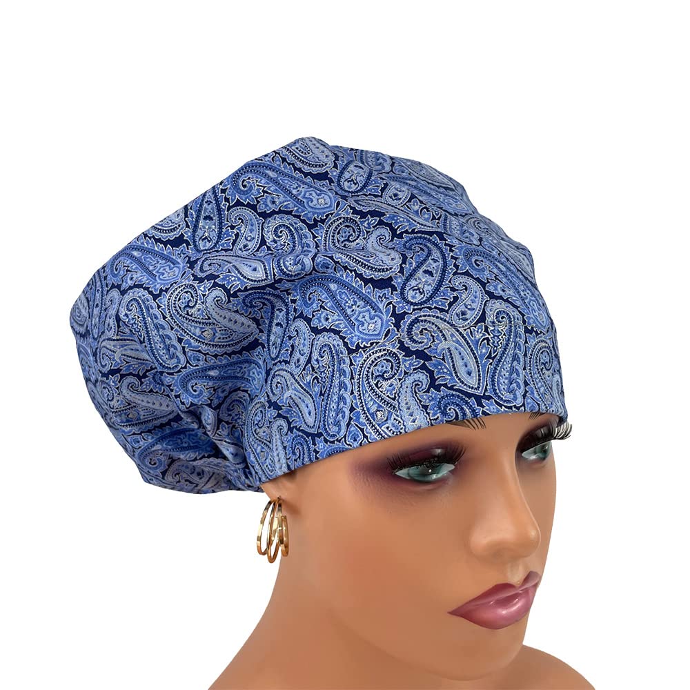 European Style Scrub Cap No Ribbon. Blue Paisleys.- Scrub Hat for Women & Men tie Back | Working Cap with Holder. Bouffant, Scrub Hats for Women, Unisex Surgical Caps, Nurses Hats | Dr. Hats